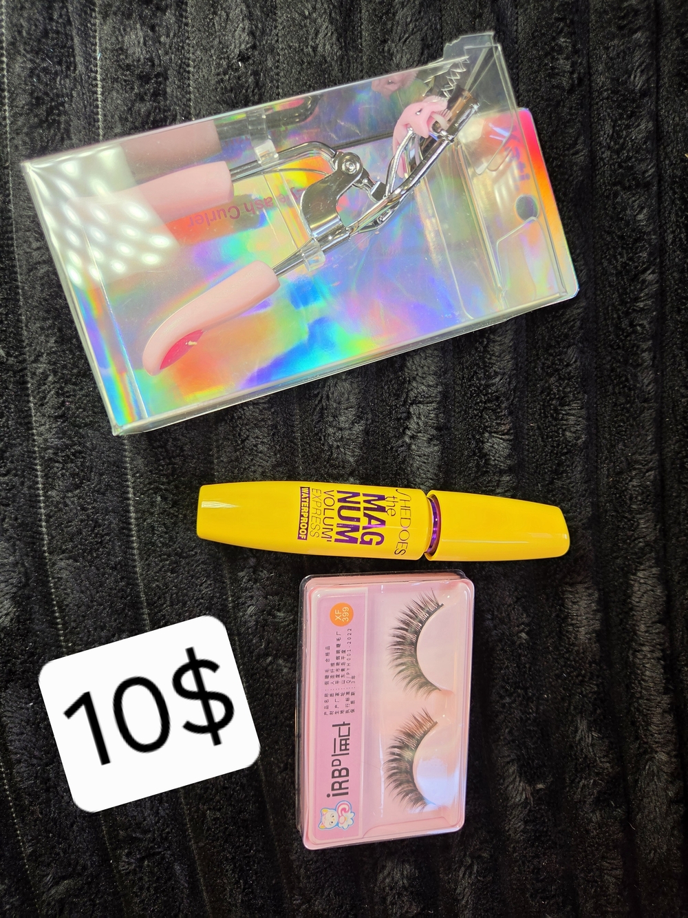Maybelline Yellow Mascara with Pink-Eyed Lash Curler and Faux Lashes